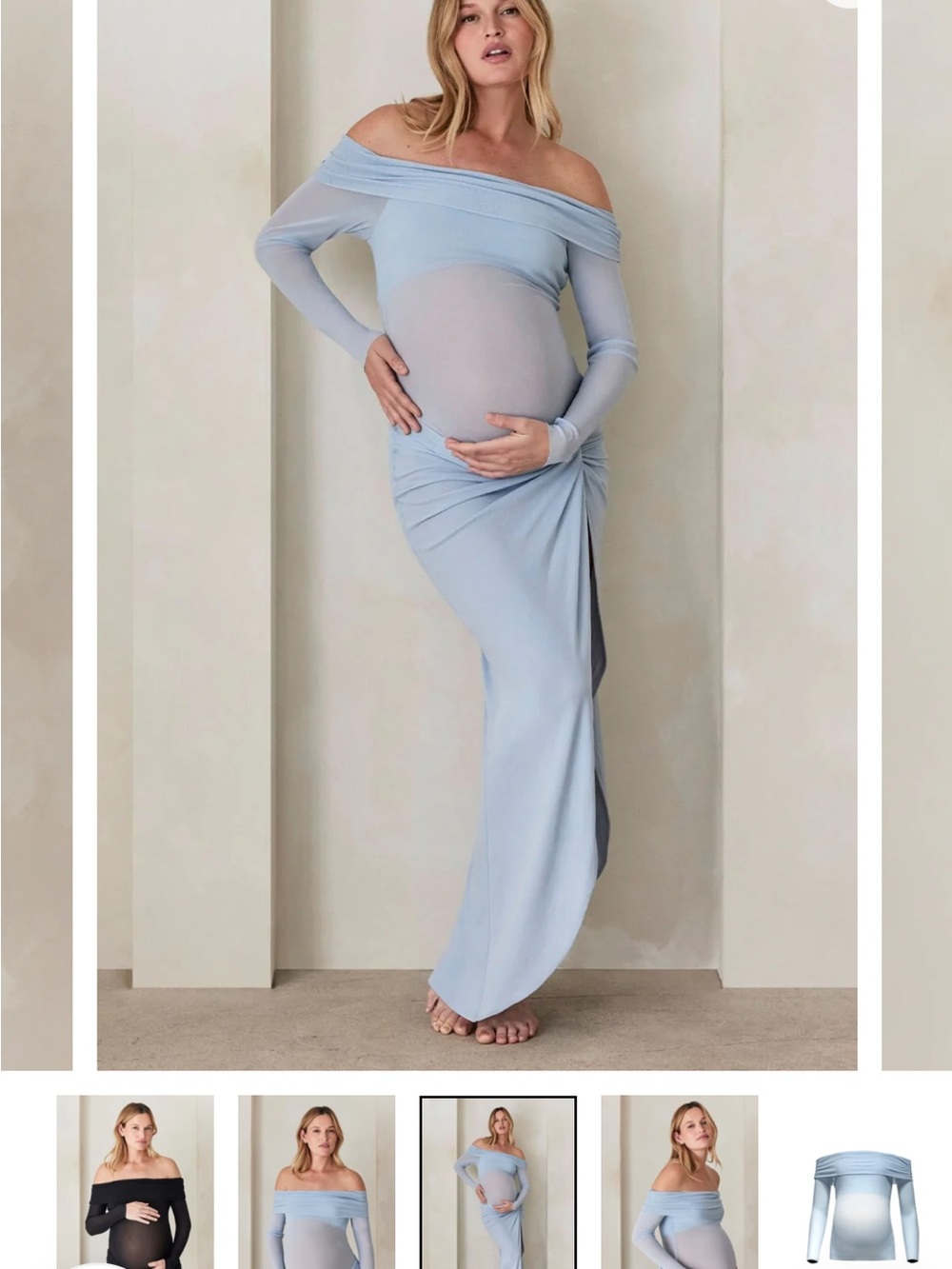Off-Shoulder Maternity Maxi Dress in Light Blue